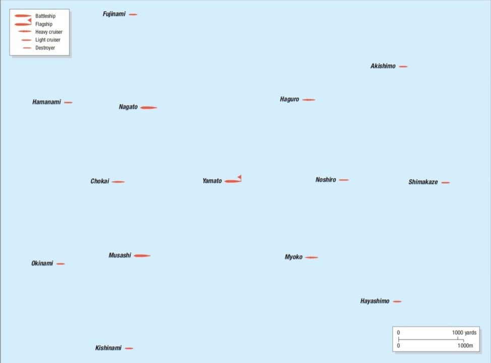 Đội hình của Lực lượng Tấn công thứ nhất của Kurita vào lúc 10 giờ ngày 24/10/1944. Lúc này sau bị phục kích bời tàu ngầm Mỹ tại Palawan, Kurita đã chuyển sang Yamato để tiếp tục chỉ huy hạm đội. 