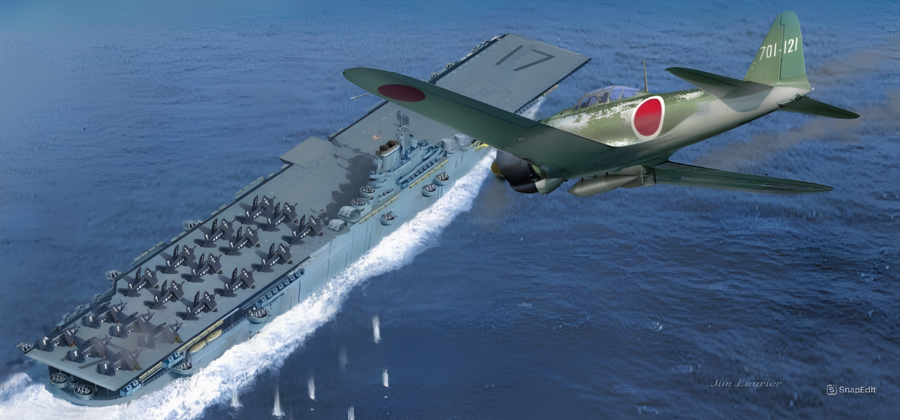 Ngày 11 tháng 5 năm 1945, kamikaze đã tiến gần hơn bao giờ hết đến việc đánh chìm một tàu sân bay hạm đội Mỹ. Trong ngày hôm đó, bốn chiếc Zero-sen đã tránh được sự phát hiện của radar và chọn USS Bunker Hill (CV-17) làm mục tiêu, đạt được yếu tố bất ngờ hoàn toàn. Hai chiếc trong số đó đã thành công khi đánh trúng tàu sân bay, chiếc đầu tiên lao vào phía sau và gây hỗn loạn giữa các máy bay F4U Corsair thuộc VF-84 và SB2C-3 Helldiver thuộc VB-84 đang đỗ thành hàng, sẵn sàng cho phi vụ kế tiếp. Phi công kamikaze đã thả bom trước khi lao trúng tàu; quả bom này sau khi xuyên qua một phần con tàu đã phát nổ, gây ra thương vong khủng khiếp cho số nhân sự đang ở vị trí hở. Chiếc Zero-sen thứ hai lao trúng phần chân của đảo chỉ huy , quả bom từ chiếc máy bay này xuyên xuống tận sàn của boong trung gian (“gallery deck” - là phần nằm giữa sàn bay và boong chứa máy bay) trước khi phát nổ. Vụ nổ gây ra một đám cháy trong khoang chứa máy bay, nơi có nhiều máy bay đang đỗ. Đám cháy này, kết hợp với ngọn lửa dữ dội trên boong bay, đã đe dọa phá hủy con tàu. Thủy thủ đoàn đã chiến đấu với ngọn lửa từ 10 giờ sáng đến 15 giờ 30 phút, khi các đội chữa cháy cuối cùng mới khống chế được. Con tàu đã được cứu, nhưng buộc phải rút khỏi cuộc chiến. Cái giá mà thủy thủ đoàn Bunker Hill phải trả gần như không thể tưởng tượng nổi – 346 người chết, 43 mất tích, và 264 người bị thương. (Tranh của Jim Laurier)