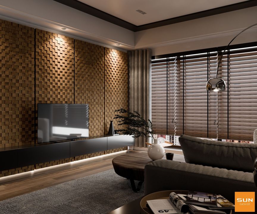 Đây là hình ảnh dùng gạch gỗ ốp tường để trang trí phòng khách