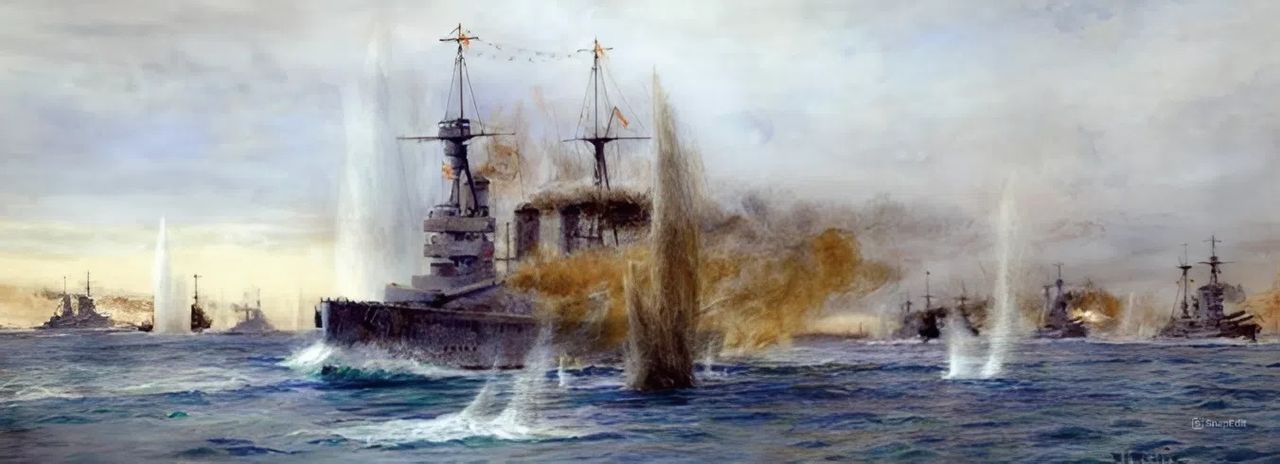 Một bức họa mô tả trận chiến của các thiết giáp tuần dương hạm tại Jutland, ngày 31 tháng 5 năm 1916. Ở tiền cảnh là HMS Lion, soái hạm của Phó Đô đốc Beatty. Trong trận, Lion trúng 13 quả đạn pháo 12 inch do SMS Lützow bắn, và chỉ thoát khỏi hủy diệt nhờ việc nhanh chóng làm ngập kho đạn của tháp pháo “Q”, sau khi tháp pháo này trúng đạn và bốc cháy. (tranh màu nước của William L. Wyllie)