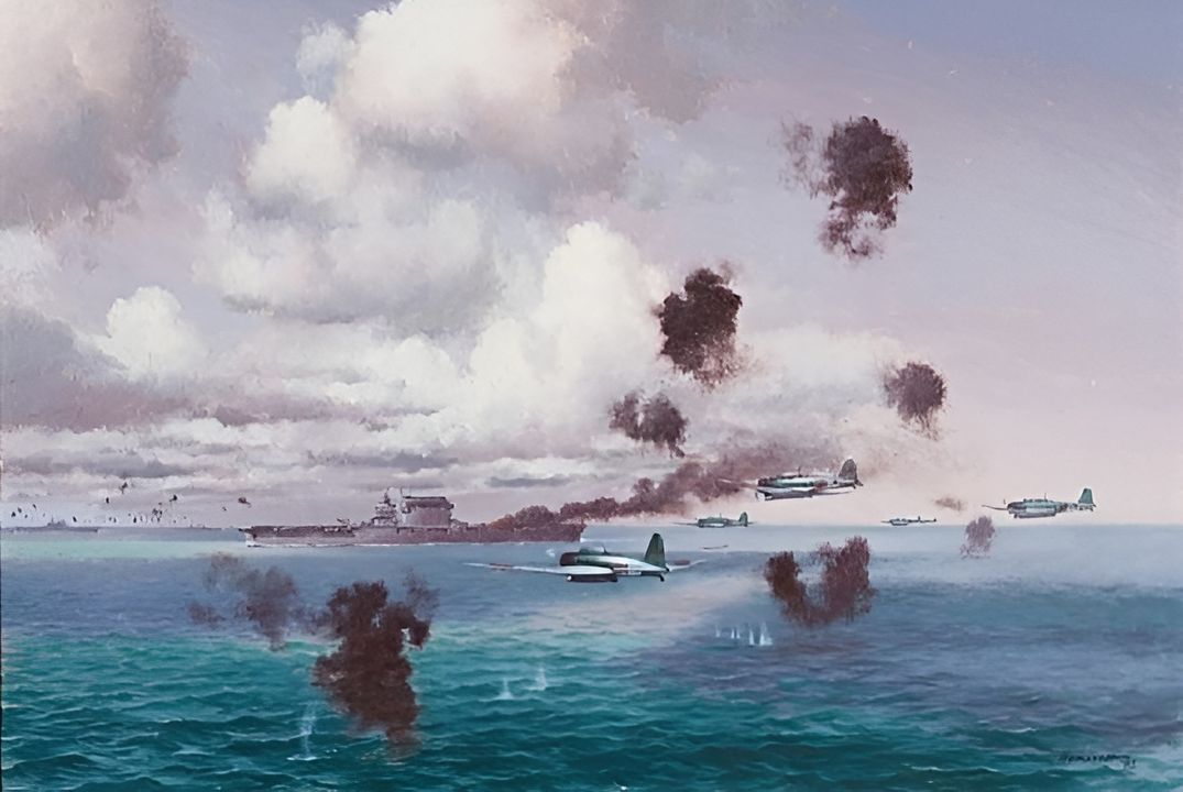 Mười ba chiếc B5N còn lại hướng đến Lexington chia thành bốn nhóm. Mười lăm chiếc SBD của Lexington được bố trí ở độ cao 2.000 foot, cách Lexington 3.000 yard. Dù bị CAP Mỹ đánh chặn, nhưng 15 trong số 18 máy bay ném ngư lôi vẫn xuyên qua được vòng phòng thủ tiêm kích Mỹ và tiếp cận con tàu. Bức tranh mô tả về cuộc tấn công của các máy bay ngư lôi vào phía mạn trái của con tàu, trước khi Lexington bị trúng 2 quả ngư lôi lúc 11 giờ 20 phút.