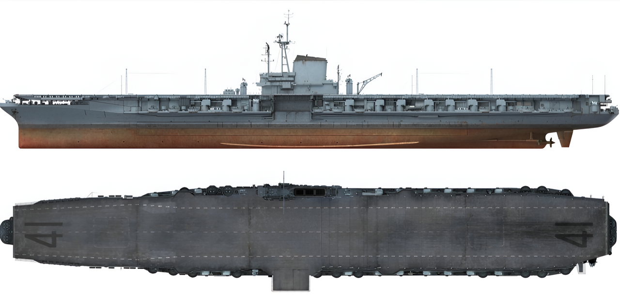 Tàu sân bay Midway (CVB - 41) khi được đưa vào biên chế năm 1945. Hình chiếu mạn trái của nó nổi bật với ống khói khổng lồ và cấu trúc thượng tầng nhỏ. Trên cột buồm ba chân bên trên có radar dò độ cao SX và một radar SG. Một radar SK-2 được đặt trên cột buồm ở đỉnh đảo chỉ huy, và cột buồm phía sau ống khói mang theo một SR-2. Hình chiếu từ trên xuống cho thấy kích thước khổng lồ của sàn bay. Ba thang nâng đã được lắp đặt, hai trong số đó nằm trên trục giữa. Hai máy phóng được bố trí ở mũi. Hệ thống pháo phòng không mạnh mẽ gồm 18 bệ pháo 5 inch/54 cal, 21 bệ pháo 40mm bốn nòng và ba nhóm bệ pháo hai nòng 20mm. Việc điều khiển hỏa lực cho chúng được cung cấp bởi bốn bộ điều khiển Mark 37 – một chiếc phía trước đảo chỉ huy, một chiếc phía sau ống khói, và hai chiếc ở tầng hành lang phía mạn trái.