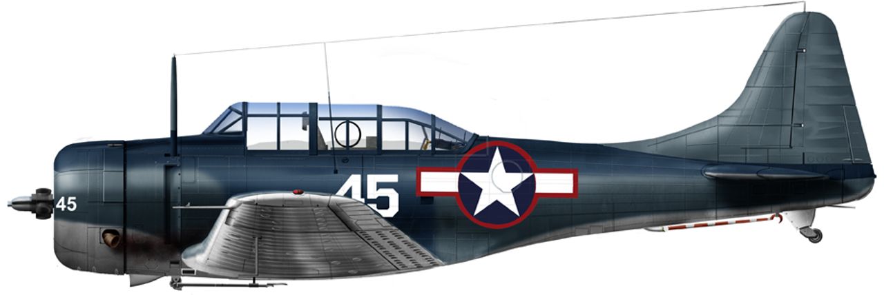 Chiếc máy bay SBD-5 Dauntless của VB-16 thuộc USS Lexington (CV-16) trong trận chiến quần đảo Gilbert vào tháng 11 năm 1943.