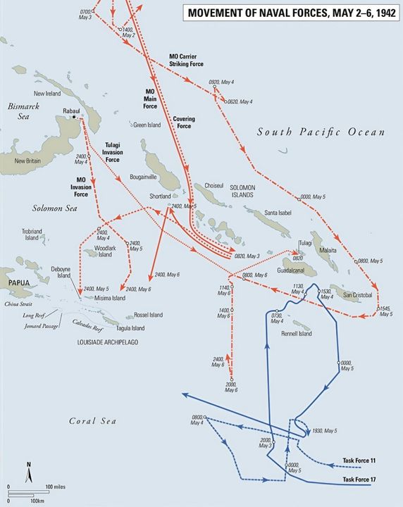 Hướng di chuyển của các lực lượng hải quân Mỹ và Nhật từ ngày 2–6 tháng 5.