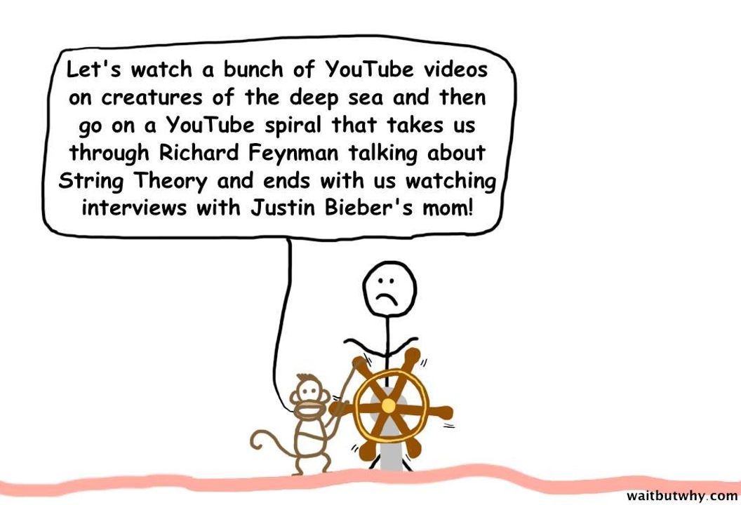 Thay vào đó, Khỉ đề xuất: "Giờ đi lướt YouTube đã con mắt trước về video sinh vật kỳ lạ ở đáy đại dương, sau đó cứ đề xuất gì xem bằng hết, xem Richard Feyman nói về Lý thuyết Dây của vũ trụ đa chiều nè, cuối cùng thì chúng ta cùng ngồi xem mẹ Justin Bieber trả lời phỏng vấn nha" 🤗