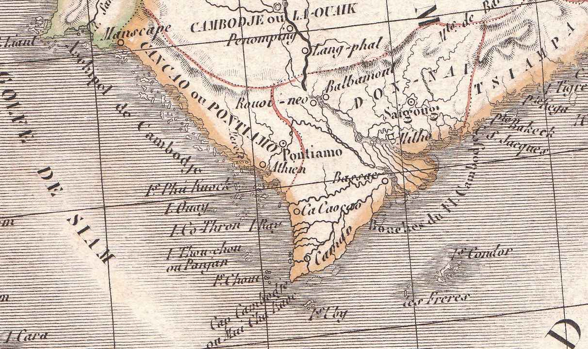 Đất Cancao ou Pontiamo (Hà Tiên) do Mạc Cửu cai trị quy phục chúa Nguyễn, nằm trong bản đồ Đại Nam năm 1829.