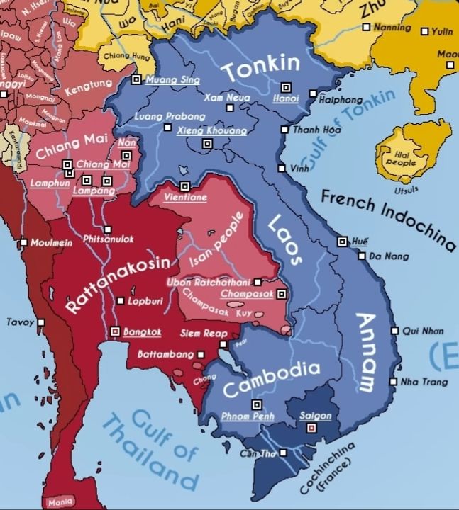 Bản đồ về Xiêm (màu đỏ) và Đông Dương thuộc Pháp (màu xanh dương) cùng các vùng ảnh hưởng của mình năm 1897. (Nguồn: The Dragon Historian) 