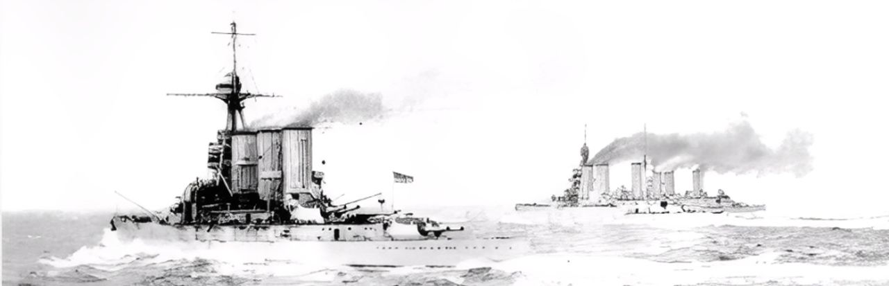 Những “ Chú mèo lớn ” trên biển, đang đi chuyển ở tốc độ cao trong một đợt càn quét tại Biển Bắc năm 1917. HMS Tiger ở tiền cảnh, với HMS Princess Royal ở mạn phải của nó. Ngay sát mạn phải là HMS Lion, soái hạm của Hạm đội Thiết giáp tuần dương hạm. Từ ngày 29 tháng 11 năm 1916 cho đến cuối chiến tranh, hạm đội này do Phó Đô đốc William Pakenham chỉ huy.