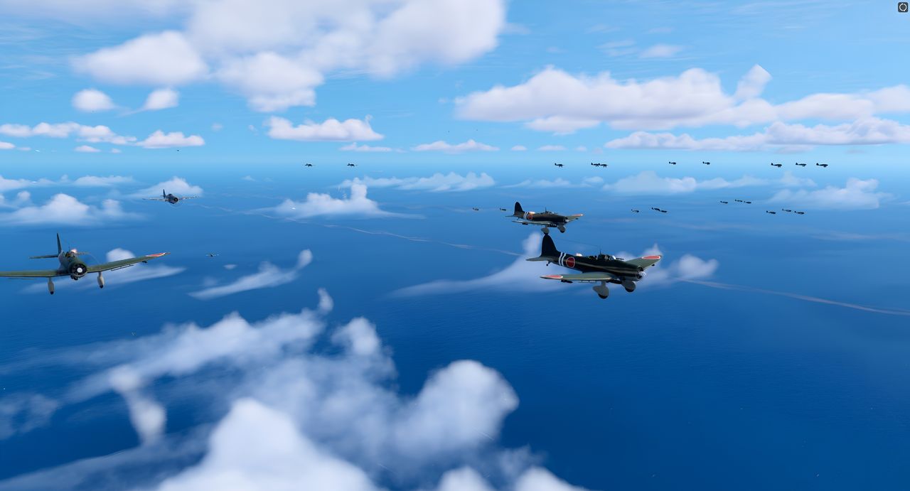 Phi đội ném bom bổ nhào dưới quyền Trung úy Takahashi Sadamu tấn công trước. Phi đội được triển khai thành ba nhóm 7 chiếc với 8 chiếc Zero bay phía trên và phía sau. Tám chiếc Wildcat của Hornet đã kịp leo lên đủ cao để thực hiện một đòn công kích trực diện vào tốp máy bay ném bom bổ nhào đang tiến đến, và đội hình Nhật bị đánh tan tác — chỉ một nhóm 7 chiếc không chịu tổn thất nặng. Trong minh hoạ này, một chiếc Wildcat từ lực lượng CAP xuyên qua đội hình và khai hỏa vào những chiếc máy bay Type 99. Các Zero hộ tống bắn rơi 3 chiếc Wildcat và đuổi số còn lại đi, mặc dù trước đó các tiêm kích Mỹ bắn rơi ít nhất ba máy bay ném bom bổ nhào và làm hư hại nặng ba chiếc khác. Nhóm tiêm kích thứ hai của Hornet chỉ bắn rơi thêm một máy bay ném bom. Đến 09 giờ 10 phút, quân Nhật bắt đầu lao xuống tấn công Hornet. Griffin điều phần CAP của TF 16 đang dưới quyền ông xuống phía nam để hỗ trợ bảo vệ Hornet. (Ảnh từ Task Force Admiral)