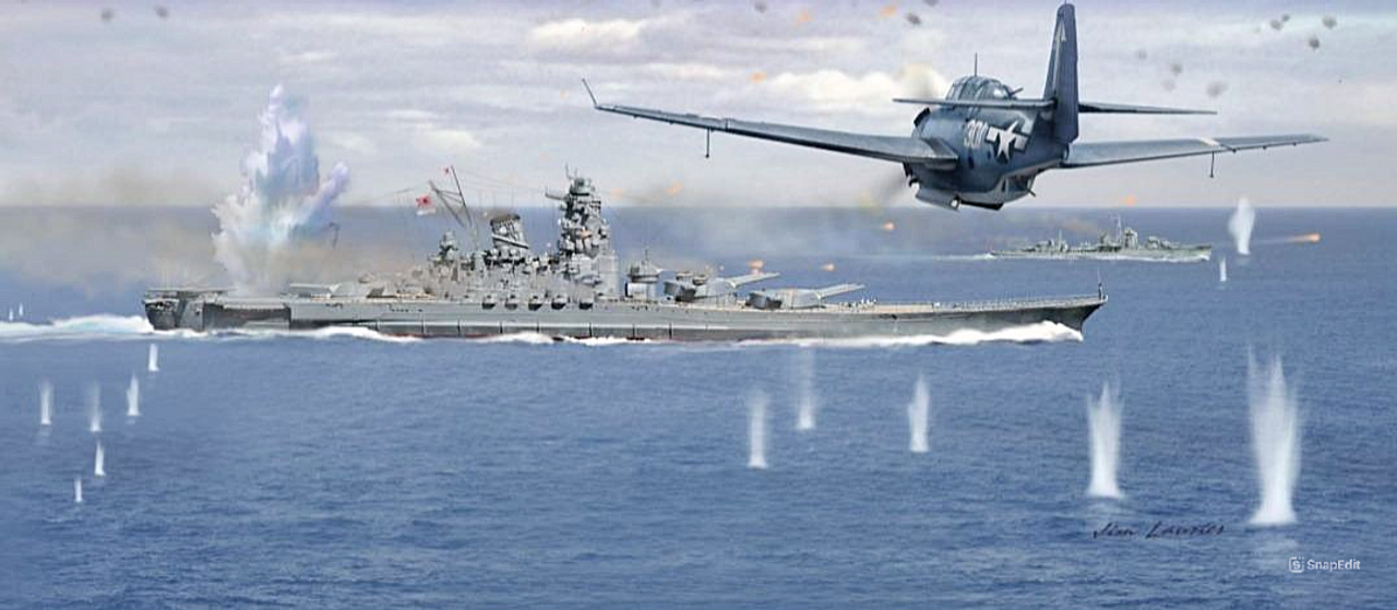 Trong đợt tấn công thứ hai vào Yamato thì các máy bay ném ngư lôi lại ghi nhận thành tích đánh trúng mục tiêu tốt hơn so với các máy bay ném bom, khi được ghi nhận là đã đánh trúng 5 quả ngư lôi vào con tàu. Cảnh tượng này cho thấy Yamato đang bị tấn công bởi một TBM-3 Avenger ném ngư lôi từ VT-84, biên chế trên tàu sân bay hạm đội lớp Essex USS Bunker Hill (CV-17). Chiếc Avenger này chuẩn bị thả ngư lôi ở khoảng cách khoảng 1.500 yard từ thiết giáp hạm. (Tranh của Jim Laurier)