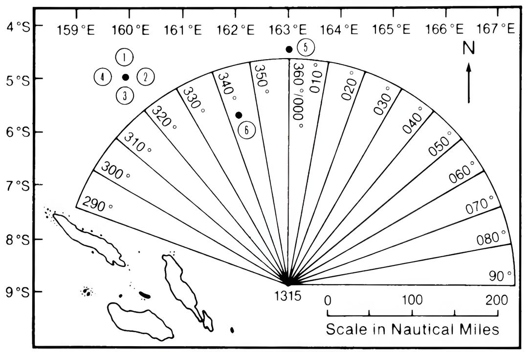 Hoạt động tìm kiếm của Không đoàn 6 vào ngày 24 tháng 8 năm 1942. Các khu vực được phân chia như sau: - 290°-300°: Welissenborn – Mears; - 300°-310°: Myers – Corl; - 310°-320°: Jorgenson – Bingham; - 320°-330°: Jett – Bye; - 330°-340°: Strong - Richey; - 340°-350°: Davis – Shaw; - 350°-360°: Lowe – Gibson; - 360°-010°: Horenburger. Kết quả tìm kiếm trong vòng hơn hai tiếng đồng hồ đã mang lại những phát hiện quan trọng sau: 1. 14 giờ 40 phút – Jett và Bye phát hiện hàng tàu sân bay Ryūjō; 2. 15 giờ – Myers và Corl cũng nhìn thấy Ryūjō; 3. 15 giờ 10 phút – Jorgenson và Bingham xác nhận lại vị trí Ryūjō; 4. 15 giờ 10 phút – Strong và Richey phát hiện Ryūjō lần thứ tư; 5. 15 giờ 10 phút – Lowe và Gibson phát hiện các tàu tuần dương của Abe (lực lượng hộ tống Ryūjō); 6. 15 giờ 45 phút – Davis và Shaw phát hiện lực lượng chính của Nhật: hai tàu sân bay lớn Shōkaku và Zuikaku. (Erich Hammel)