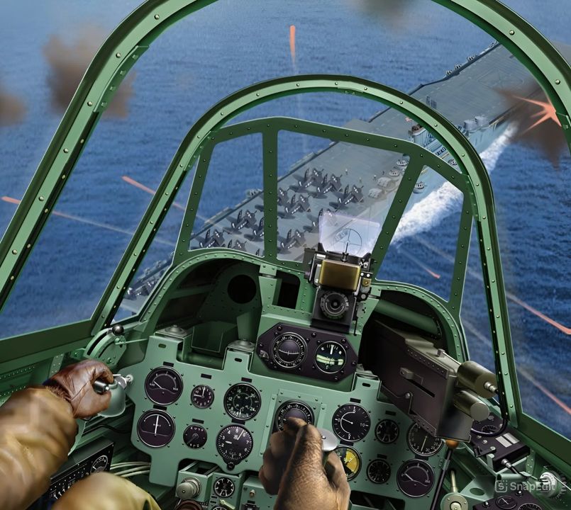 <i>GÓC NHÌN CỦA NGƯỜI NHẬT</i>: Người phi công kamikaze này, đang lái chiếc tiêm kích Zero-sen của mình, đã tự đặt bản thân vào một vị trí hoàn hảo để giáng một đòn nghiêm trọng vào Hải quân Mỹ. Mục tiêu bên dưới anh ta là một tàu sân bay lớp Essex, mà thủy thủ đoàn của nó đã phát hiện muộn chiếc máy bay cảm tử đang thực hiện một đòn tấn công bổ nhào – viên phi công của Không lực Hải quân Đế quốc Nhật có thể đã lợi dụng mây để che giấu đường tiếp cận, hoặc áp sát tàu sân bay ở độ cao sát mặt biển trước khi kéo lên một cú leo dốc gắt rồi bổ nhào xuống trong cú lao chết chóc. Hàng loạt pháo thủ của con tàu đã bắt đầu khai hỏa vào chiếc Zero-sen bằng pháo phòng không 20mm và 40mm, cũng như một số phát đạn 5-inch, nhưng ở giai đoạn muộn như thế này của cuộc tấn công thì rất khó có khả năng ngăn chặn chiếc kamikaze khỏi việc đánh trúng con tàu. Thật vậy, nếu phi công Zero-sen không chùn bước vào khoảnh khắc cuối cùng, anh ta sẽ đâm trúng tàu. Nếu đủ điêu luyện, anh ta sẽ thả quả bom 551lb của mình trước khi lao vào tàu sân bay, càng gần thang nâng máy bay phía sau càng tốt – một trong những điểm yếu mà anh ta đã được huấn luyện để nhắm tới. Với số lượng lớn máy bay đang được bố trí trên boong cất hạ cánh, nhiều khả năng đều đã được nạp đầy nhiên liệu và vũ khí để chuẩn bị cho chu kỳ xuất kích tiếp theo, con tàu sân bay này sắp phải hứng chịu thiệt hại nghiêm trọng có thể đe dọa chính sự tồn tại của nó. (Tranh của Jim Laurier)