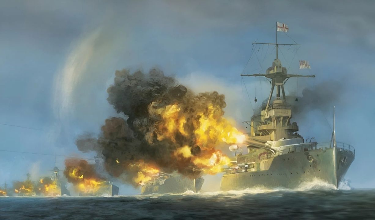 Soái hạm của Jellicoe, HMS Iron Duke, chỉ vài khoảnh khắc sau khi hạm đội khai hỏa vào đầu đội hình Đức, cách đó khoảng 7 dặm về phía nam. Đằng trước Iron Duke là HMS Thunderer, tàu cuối cùng trong số tám thiết giáp hạm thuộc Hải đoàn thiết giáp hạm số 2, vốn đã hình thành hàng ngay phía trước soái hạm. Phía sau Iron Duke là các thiết giáp hạm thuộc Hải đoàn thiết giáp hạm số 1: HMS Royal Oak, HMS Superb, HMS Canada, cùng với bốn tàu khác nối tiếp phía sau. Xa hơn nữa, vẫn đang vào hàng, là 8 thiết giáp hạm thuộc Hải đoàn thiết giáp hạm số 3. Tất cả đều hợp lại có thể dồn hỏa lực áp đảo vào đầu đội hình thiết giáp hạm Đức.