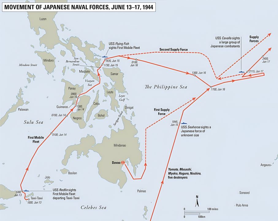 Các hướng hành quân của lực lượng hải quân Nhật Bản từ ngày 13 - 17 tháng 6 năm 1944.