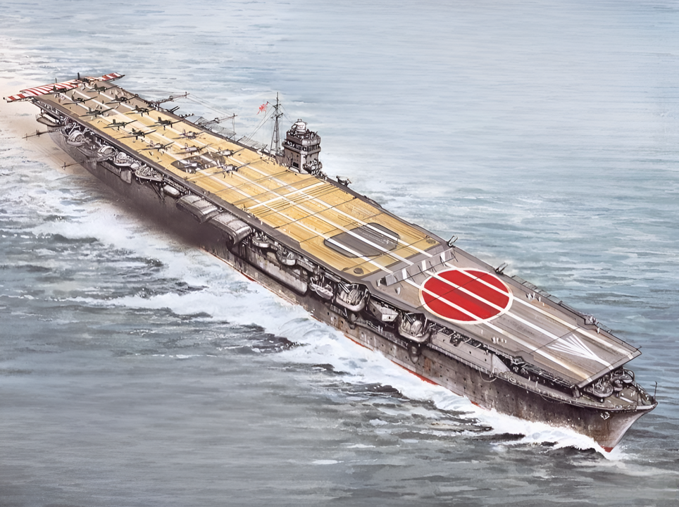 Sau khi các máy bay ném bom bổ nhào trở về, Hiryu chuẩn bị cho đợt tấn công thứ hai với các máy bay ném ngư lôi. Lực lượng này bao gồm 10 chiếc Type 97 và được hộ tống bởi 6 chiếc Zero, được dẫn đầu bởi Trung úy Tomonaga, đang chuẩn bị cất cánh trên sàn bay trong khung cảnh này. (Tranh của Tony Bryan)