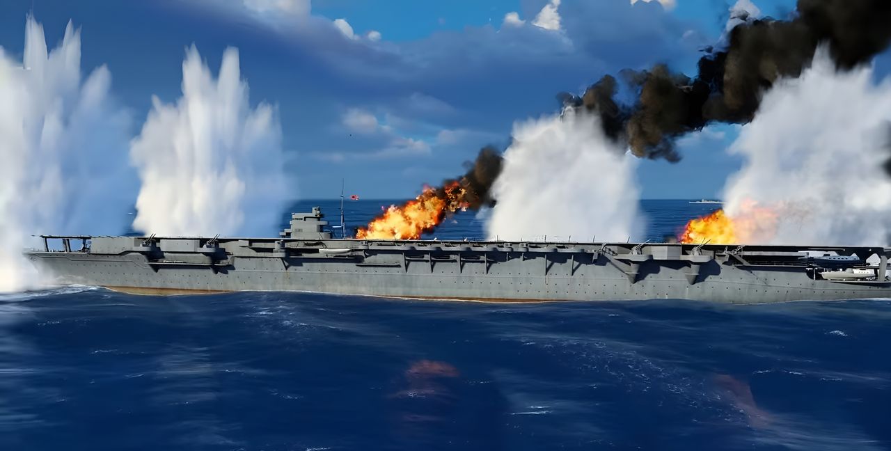 Bên dưới các máy bay Dauntless, Shokaku đang cơ động dữ dội và bắn trả phòng không mạnh mẽ. Các máy bay ném bom bổ nhào tấn công từ phía đuôi, nhưng Thuyền trưởng Arima của Shokaku đã tránh được ba hoặc bốn quả bom 1.000 pound đầu tiên. Tuy vậy, các máy bay còn lại đã gây thiệt hại nặng, giáng ít nhất 4 và có thể tới 6 quả bom trúng đích. Bất kể tổng số bom trúng đích là bao nhiêu, thiệt hại gây ra đã chứng tỏ là thảm khốc. Một quả đánh trúng phía sau đảo tàu ở mạn phải, và các quả còn lại trúng quanh khu vực thang nâng giữa và thang nâng phía sau. Sàn đáp bị uốn cong và thang nâng giữa bị phá hủy. Các vị trí pháo ở phía sau bên mạn phải bị phá hủy với tổn thất nhân mạng nặng nề. Dù thiệt hại rất lớn, nó không mang tính chí tử. Không có máy bay nào trong khoang chứa và các đường dẫn nhiên liệu đã được khóa lại. Chỉ có hai máy bay trên tàu – hai máy bay tấn công từ tàu sân bay đậu trên sàn đáp. Một chiếc bị thiêu rụi, nhưng chiếc còn lại ở cuối đuôi tàu vẫn sống sót. Một đám cháy lớn bùng lên, nhưng sau năm giờ, các đội kiểm soát hư hại đã dập tắt được. Quan trọng nhất là không có thiệt hại nào bên dưới mức khoang chứa và con tàu vẫn duy trì được tốc độ tối đa. Tổng thương vong rất lớn với khoảng 130 người thiệt mạng. (Ảnh từ Task Force Admiral)