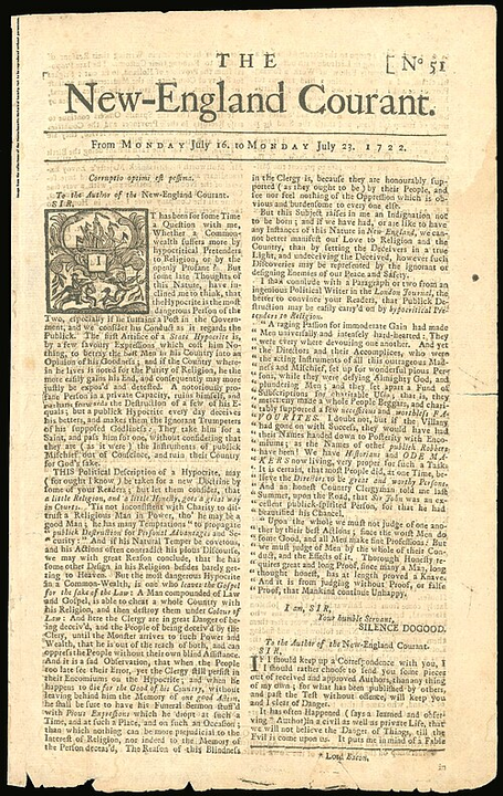 <i>Tờ New England Courant. </i>Từ ngày 16 đến 23 tháng 7 năm 1722, có bài xã luận số 9 của Silence Dogood