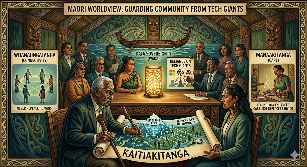 <i>Figure 4: Māori worldview: Guarding community from Tech Giants
</i>(Note. Image generated by Google, Gemini 3 Flash, 2026)
