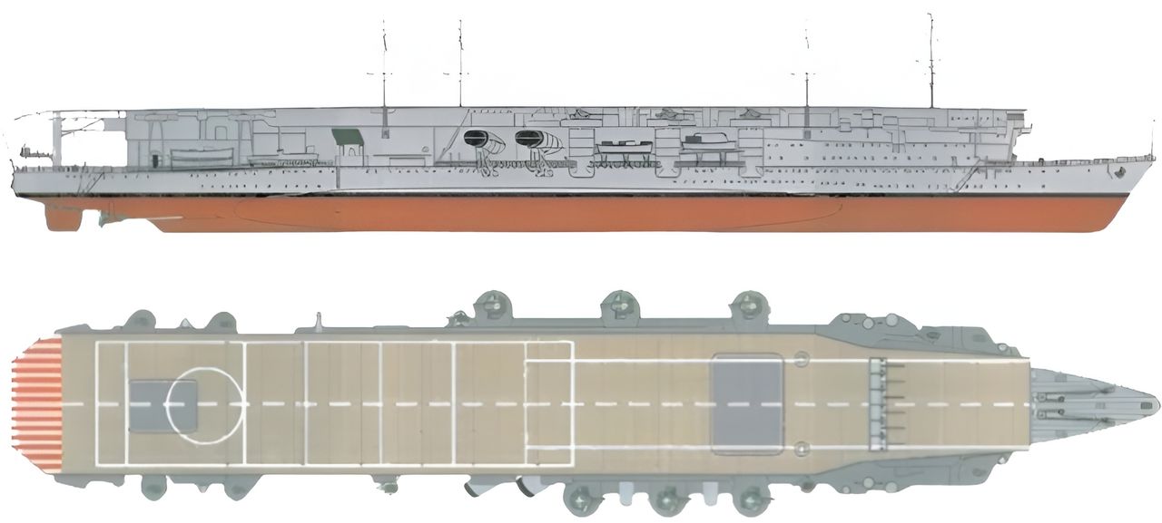 Ryujo ở diện mạo sau khi tái trang bị vào năm 1936. Con tàu được thiết kế với một sàn bay phẳng kéo dài đến gần phần mũi tàu và không có đảo chỉ huy.