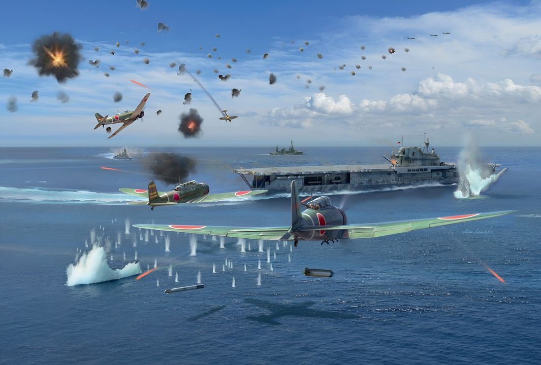 Vào ngày 26 tháng 10 năm 1942, trong Trận quần đảo Santa Cruz, Không lực Hải quân Đế quốc Nhật Bản (IJNAF) đã thực hiện cuộc tấn công phối hợp tốt nhất và chết chóc nhất nhằm vào một tàu sân bay của Hải quân Mỹ trong suốt toàn bộ cuộc chiến. Trong một trận đánh chỉ kéo dài 30 phút, cả máy bay ném bom bổ nhào D3A1 “Val” và máy bay ném ngư lôi B5N2 “Kate” đều tấn công USS Hornet (CV-8). Phần lớn các máy bay “Kate” xuất phát từ Zuikaku, do Thiếu tá Shigeharu Murata – phi công ném ngư lôi xuất sắc nhất của IJNAF – chỉ huy. Trước đó, ông đã chỉ huy 40 chiếc B5N2 thả ngư lôi Type 91 tàn phá dãy thiết giáp hạm trong cuộc tấn công Trân Châu Cảng ngày 7 tháng 12 năm 1941. Trong bức minh họa này, Murata dẫn đầu hai phi công cánh của mình tiếp cận Hornet từ góc phía sau mạn phải của con tàu. Dưới làn hỏa lực dày đặc, cả ba máy bay đều thả được ngư lôi Type 91, trong đó hai quả trúng tàu sân bay, trực tiếp dẫn đến việc Hornet bị mất. Murata đã không sống sót sau cuộc tấn công. (Tranh của Jim Laurier)