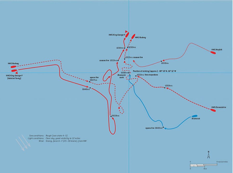 Diễn biến trận đánh cuối cùng của Bismarck và hai thiết giáp hạm của Anh là Rodney và King George V vào ngày 27/5/1941.