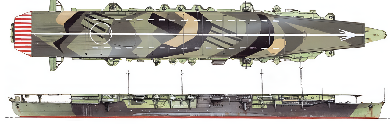 Chitose trong trận Vịnh Leyte. Con tàu được sơn ngụy trang trên sàn bay kết hợp kiểu sơn chống tàu ngầm trên thân tàu.