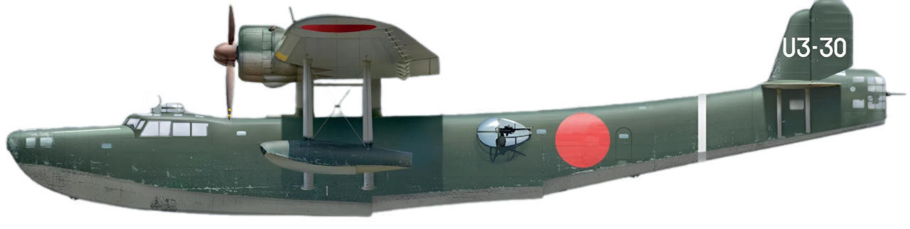 Chiếc thuyền bay Type 97 này, mang mã “U3-30,” là một phiên bản Model 23 (H6K5), biến thể cuối cùng của Type 97 do Kawanishi chế tạo. Máy bay này được biên chế vào Không đoàn 801, đóng tại Hokkaido, vào tháng 11 năm 1943. Model 23 được trang bị động cơ Mitsubishi Kinsei 53 mạnh hơn, cung cấp 1.300 mã lực khi cất cánh, và thay thế vị trí súng trước mũi hở bằng một tháp pháo nhỏ đặt trên buồng lái. Kawanishi đã chế tạo 36 chiếc Model 23 trước khi kết thúc dây chuyền sản xuất Type 97.