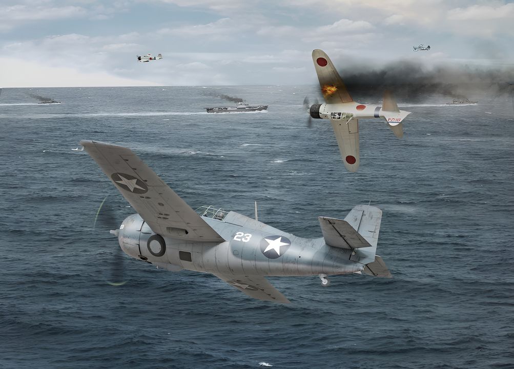 Trong giai đoạn thứ hai của cuộc giao tranh, các máy bay Zero của Shigematsu xuất hiện muộn màng. Đến lúc này, cuộc giao tranh đã biến thành một cuộc hỗn chiến không có sự kiểm soát tập trung ở cả hai bên. Sự xuất hiện của các máy bay Zero hộ tống của Shigematsu đã lôi kéo một số máy bay Wildcat vào một trận không chiến hỗn loạn. Trong cuộc giao tranh này, 3 chiếc Zero bị bắn rơi, với Shigematsu là người sống sót duy nhất. Đổi lại, phía Mỹ chỉ có một chiếc Wildcat bị mất. Chỉ còn lại 8 chiếc máy bay ném bom bổ nhào, không tính chiếc của Kobayashi, và 2 chiếc Val không có bom. Một nhóm ba chiếc hướng thẳng về phía đông đến Yorktown, và một nhóm năm chiếc bay vòng về phía tây nam để tiếp cận tàu sân bay từ phía mặt trời. Nhóm lớn hơn lại bị các máy bay Wildcat từ Hornet tấn công trong vòng 5 dặm từ Yorktown, nhưng chỉ có một máy bay ném bom bổ nhào bị bắn rơi. Một nỗ lực đánh chặn bởi các máy bay Wildcat từ Enterprise đã không thành công khi súng của phi công dẫn đầu bị trục trặc. Ông rút lui để xử lý vấn đề trong khi hướng dẫn ba máy bay khác tiếp cận. Họ không nhận được tin nhắn của ông và cũng rút lui. (Tranh của Stefan Draminski)