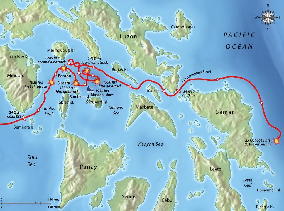 Lộ trình của Lực lượng Tấn công Nghi binh Thứ Nhất trong các ngày 24–25 tháng 10 năm 1944. Trọng tâm trong kế hoạch của Hải quân Đế quốc Nhật Bản nhằm đẩy lùi cuộc đổ bộ của Mỹ vào Leyte chính là Lực lượng Tấn công Nghi binh Thứ Nhất đầy uy lực, trong đó có cả Yamato và Musashi. Để tới được vịnh Leyte, lực lượng này buộc phải vượt qua biển Sibuyan rồi thoát ra qua eo biển San Bernardino, nên nhiều khả năng sẽ phải chịu các đòn tiến công của Mỹ trên suốt hành trình. Trên thực tế, quá trình vượt biển Sibuyan đã hứng chịu tổng cộng năm đợt không kích của không lực tàu sân bay Hải quân Mỹ. Các đợt tấn công này tập trung vào Musashi, con tàu bị tàn phá nặng nề bởi các đòn ném ngư lôi và ném bom bổ nhào, rồi chìm vào tối hôm đó. Xác tàu được phát hiện vào tháng 3 năm 2015 ở độ sâu 1.120 feet, bởi một nhóm thám hiểm tư nhân do tỷ phú Mỹ, đồng sáng lập Microsoft Paul Allen tài trợ. Phần còn lại của Lực lượng Tấn công Nghi binh Thứ Nhất chỉ chịu thiệt hại nhẹ, và ngay trước nửa đêm đã vượt qua eo biển San Bernardino mà không bị quấy nhiễu. Ngày hôm sau, Yamato sẽ có lần duy nhất trong chiến tranh được sử dụng pháo chính cỡ 18,1 inch của mình để bắn vào các tàu Mỹ trong trận ngoài khơi Samar.