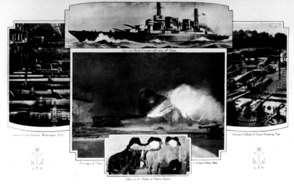 Năm 1919, Cục Tuyển mộ Hải quân tại New York đã phát hành một loạt áp phích nhằm thu hút thanh niên gia nhập Hải quân Hoa Kỳ. Áp phích này, mang tên “Hải quân đang làm gì”, đề cập đến việc thiết kế và chế tạo các khẩu pháo 16 inch, cỡ nòng 50 calibre, được sản xuất để trang bị cho các siêu thiết giáp hạm và thiết giáp tuần dương hạm mới của hải quân.