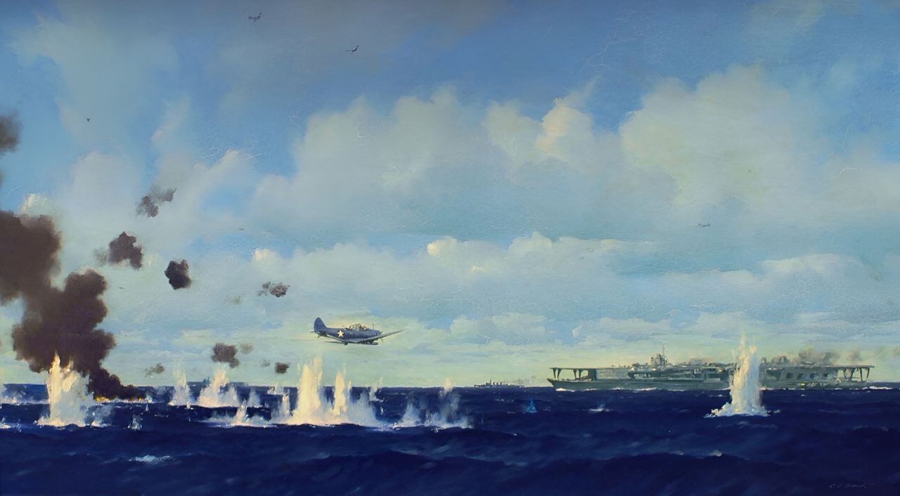 Bức tranh ấn tượng này đang cho thấy một máy bay Devastator từ VT-6 đang vượt qua hệ thống phòng không và tiến gần đến tàu sân bay Kaga. Sau các đợt tấn công từ các máy bay ngư lôi của Hornet thì các máy bay từ Enterprise nối tiếp tấn công và cũng gặp phải số phận tương tự. VT-6 của Lindsey mất dấu các máy bay ném bom bổ nhào của McClusky và buộc phải hành động một mình. Thỏa thuận của ông với Trung úy Gray về việc cung cấp hỗ trợ tiêm kích khi được yêu cầu đã trở nên vô hiệu vì Gray đã theo VT-8 đến mục tiêu. Tiếp cận trực tiếp từ phía nam, Lindsey không gặp vấn đề gì trong việc tìm thấy lực lượng của Nagumo. Những chiếc Devastator đang tiếp cận bị tàu tuần dương Tone phát hiện lúc 09 giờ 38 phút ở độ cao thấp. Người Nhật vẫn đang hướng về phía tây, tạo cho các Devastator một cơ hội bắn ngư lôi tiềm năng vào mạn trái. Một trong những phi công sống sót của phi đoàn đã đưa ra đánh giá xuất sắc về bố trí của Kido Butai: "...một đội hình rất lỏng lẻo và dường như có ba tàu sân bay ở trung tâm. Vòng màn ngoài cách trung tâm 15 hải lý và bao gồm các tàu tuần dương hạng nhẹ. Vòng màn chắn trong cách trung tâm 8 hải lý và bao gồm các tàu tuần dương hạng nặng và một vài thiết giáp hạm. Tàu khu trục đi kèm mỗi tàu sân bay và có mặt ở các điểm khác trong màn chắn. Các tàu sân bay và tàu khu trục đi kèm cơ động độc lập với tốc độ cao trong khi các tàu trong màn chắn vẫn giữ vị trí tương đối của họ và không di chuyển với tốc độ cao như vậy." Ngoài việc nhầm lẫn tàu khu trục trong vòng ngoài thành tàu tuần dương hạng nhẹ, đây là mô tả chính xác nhất về Kido Butai cho đến lúc đó và có lẽ được cung cấp cho các sĩ quan thẩm vấn sau khi quay về Enterprise. Theo học thuyết, khi tiếp xúc với Kido Butai, Lindsey chia phi đội của mình thành hai phân đội, mỗi phân đội gồm 7 máy bay. Một phân đội dưới sự chỉ huy trực tiếp của Lindsey và phân đội kia dưới quyền Trung úy Arthur Ely, sĩ quan điều hành của phi đội. Với hai phân đội, ông có thể thực hiện một cuộc tấn công "cái đe" vào một trong các tàu sân bay. Mục tiêu được chọn là Kaga, tàu sân bay gần Lindsey nhất. Để phản ứng với báo cáo phát hiện từ Tone, Nagumo ra lệnh rẽ sang mạn phải để đặt các máy bay ném ngư lôi ở phía đuôi Kido Butai. Động tác né tránh ưa thích này tạo ra mục tiêu nhỏ nhất có thể cho ngư lôi Mỹ, và nó còn kéo dài đường tiếp cận cho những chiếc Devastator chậm chạp đến đau đớn. Điều này đặc biệt đúng với phân đội của Lindsey, phải bay một quãng đường xa hơn để đến một vị trí phía bắc Kaga cho cuộc tấn công "cái đe". Mặc dù Tone đã phát hiện VT-6 từ khoảng cách xa, người Nhật vẫn bị bắt mất thế cân bằng. Phần lớn các chiếc Zero phòng thủ vẫn ở phía đông bắc đối phó với cuộc tấn công của Waldron. Giờ đây, Lindsey lại đến từ một hướng khác. Trong khi người Nhật vất vả đưa một số chiếc Zero vào vị trí để chặn đòn tấn công của Lindsey, những chiếc Devastator đã có thể vượt qua vòng ngoài trước khi những chiếc Zero đầu tiên xuất hiện. Phân đội của Ely đang hướng thẳng đến Kaga nên là những chiếc đầu tiên chịu hỏa lực. Những đợt tấn công chớp nhoáng của các chiếc Zero đã tiêu diệt 5 máy bay của ông trước khi chúng đến vị trí phóng. Hai chiếc có thể phóng vũ khí đã làm vậy ở một góc tấn công kém. Thuyền trưởng của Kaga làm góc tấn công càng tệ hơn bằng cách rẽ sang mạn trái và đưa hai chiếc Devastator cuối cùng vào vị trí phía đuôi tàu. Cả hai quả ngư lôi đều trượt. Khi người Nhật tập trung vào phân đội của Ely, 7 máy bay dưới quyền Lindsey dường như có cơ hội thành công tốt chống lại Kaga. Không chiếc Devastator nào bị bắn hạ bởi Zero, có lẽ vì những chiếc đang giao chiến với phân đội của Lindsey đã hết đạn cho pháo 20mm của chúng. Không có máy bay tiêm kích hộ tống (những chiếc Wildcat của Gray đang ở phía đối diện của đội hình Nhật cách khoảng 20 hải lý), vận may của Lindsey không thể kéo dài mãi. Tình hình trở nên tồi tệ hơn nhiều đối với người Mỹ khi một đợt Zero mới được phóng lên; Akagi điều thêm ba chiếc Zero nữa lúc 09 giờ 45 phút, và Kaga phóng thêm 6 chiếc lên không lúc 10 giờ, ngay khi các Devastator đang thực hiện đợt chạy tấn công cuối cùng. Với hỏa lực mới này, đội hình của Lindsey bắt đầu tan rã. Bốn máy bay của ông bị bắn rơi xuống biển, bao gồm chiếc Devastator của Lindsey. Ba máy bay còn lại cố gắng tìm một góc ngắm tốt, nhưng Kaga đã rẽ sang hướng đông, một lần nữa đưa đuôi tàu cho những kẻ tấn công. Đối mặt với lựa chọn bị bắn hạ hoặc phóng ngư lôi ở tầm xa, ba phi công còn lại quyết định thả vũ khí. Chiếc Kaga được điều khiển khéo léo không gặp vấn đề gì khi né tránh cả ba quả ngư lôi. Cuộc tấn công dũng cảm nhưng vô ích của VT-6 kết thúc lúc 10 giờ. Trong số 14 máy bay bắt đầu cuộc tấn công, chỉ có năm chiếc sống sót qua hành trình tiếp cận Kaga và sau đó rút lui về phía đông hoặc đông nam xuyên qua đội hình của Kido Butai. Tất cả 5 chiếc máy bay cuối cùng đều bị hư hại ở một mức độ nào đó bởi những chiếc Zero truy đuổi; một chiếc buộc phải hạ cánh khẩn cấp trên đường về tàu, và một chiếc khác bị hư hại nặng đến mức bị đẩy xuống biển sau khi về đến Enterprise. Một yếu tố góp phần vào sự sống sót của năm chiếc máy bay cuối cùng là các chiếc Zero không truy đuổi quyết liệt. Sau khi những chiếc Devastator thả ngư lôi, chúng không còn là mối đe dọa nữa và các phi công tiêm kích Nhật đã chọn cách tiết kiệm đạn dược, đặc biệt là 60 viên đạn 20mm cho mỗi khẩu pháo gắn trên cánh của họ. (Tranh của John Hamilton)