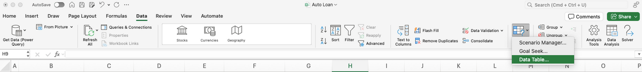 Sau đó chọn chức năng Data Table