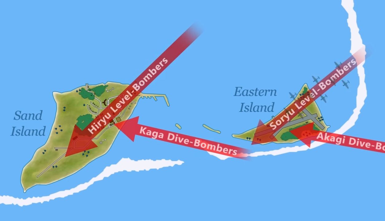 Các hướng tấn công của các nhóm máy bay tàu sân bay. Hai nhóm máy bay ném bom bổ nhào của Kaga và Akagi tấn công đầu tiên, sau đó đến các nhóm máy bay Type 97 mang bom của Hiryu và Soryu.