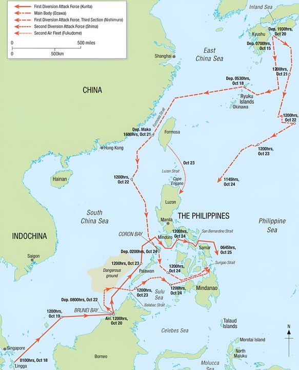 Bản đồ về các hướng tiến quân của các lực lượng hải quân chính IJN tham gia vào kế hoạch Sho-1. Sho-1 là phương án dành cho Philippine của Sho-go, và được phía Nhật xem là có khả năng xảy ra cao nhất. Kế hoạch này đầy sự táo bạo và mạo hiểm, nhưng quá phức tạp để đạt được các mục tiêu đã đề ra. Thành công của nó phụ thuộc rất nhiều vào việc tuân thủ nghiêm ngặt tiến độ, đạt được yếu tố bất ngờ và nghi binh trong chiến dịch, và trên hết là sự yểm trợ không quân hiệu quả cho lực lượng hải quân mặt nước - điều mà vào thời điểm đó người Nhật không thể làm được khi lực lượng tàu sân bay và không quân trên bộ đều đã bị suy yếu. 