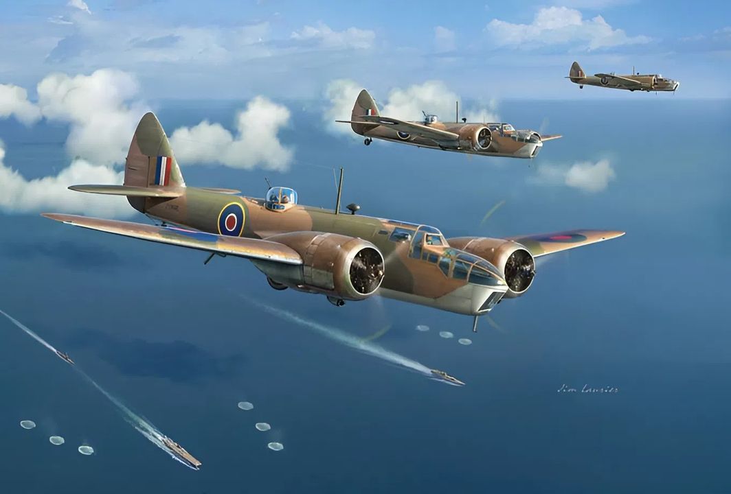 Một trong những sự kiện ít được biết đến của Cuộc tập kích Ấn Độ Dương là cuộc tấn công đầu tiên của phe Đồng Minh vào Kido Butai trong suốt toàn bộ cuộc chiến. Vào ngày 9 tháng 4, sau khi nhận được thông tin từ một thủy phi cơ Catalina bay trinh sát trước đó trong buổi sáng, người Anh đã điều toàn bộ lực lượng ném bom có sẵn tại Ceylon – gồm 11 máy bay ném bom Blenheim IV thuộc Phi đoàn 11 – lên đường tấn công. Các máy bay cất cánh lúc khoảng 08 giờ 20 phút từ Racecourse, nhưng hai chiếc buộc phải quay lại do trục trặc động cơ. Sau một thời gian tìm kiếm ngắn, họ phát hiện lực lượng Kido Butai. Chỉ huy phi đội quyết định chọn tàu sân bay Akagi làm mục tiêu, vì đó là tàu sân bay lớn nhất có mặt. Cuộc tiếp cận của các Blenheim đã khiến người Nhật hoàn toàn bất ngờ, và sự yếu kém trong học thuyết phòng không của Kido Butai được bộc lộ rõ ràng. Không một tàu Nhật nào được trang bị radar, và các phi công Zero đang tuần tra cũng không phát hiện được máy bay Anh. Trong trận không kích này, các máy bay Blenheim thực hiện ném bom từ độ cao khoảng 10.000 feet, thả tổng cộng 27 quả bom 500lb và 250lb loại xuyên giáp. Tuy nhiên, các phi công của Phi đoàn 11 không có kinh nghiệm hoặc huấn luyện tấn công mục tiêu trên biển, nên gần như không có cơ hội trúng đích, dù mục tiêu bị bất ngờ và tấn công từ độ cao này. Ba quả bom rơi gần mũi tàu sân bay Akagi (ở dưới bên trái bức tranh), trong khi các quả còn lại nhắm vào tàu sân bay và tàu tuần dương hộ tống Tone đều chệch xa mục tiêu. Người Nhật bị bất ngờ hoàn toàn, đến mức không khai hỏa nổi pháo phòng không. Sau khi thả bom, các máy bay Blenheim đã tập hợp đội hình chặt chẽ để rút lui. 20 chiếc Zero đang làm nhiệm vụ CAP lập tức phản ứng và bắn hạ bốn máy bay ném bom khi chúng đang rút lui. Không một ai sống sót trên bất kỳ chiếc máy bay nào bị bắn rơi. Trong trận không chiến này, một phi công Zero giàu kinh nghiệm nhất của tàu Hiryū cũng thiệt mạng. Khi đội hình Anh bị tan vỡ và rút lui, các phi công Zero ngừng truy đuổi, đề phòng khả năng những máy bay Anh khác có thể tiếp tục tấn công các tàu sân bay. Lần tới khi Kido Butai bị tấn công từ trên không — trong trận Midway — họ sẽ không còn gặp may mắn như vậy nữa. (Tranh của Jim Laurier)