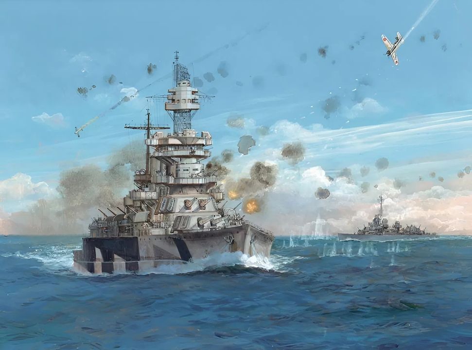 Vào ngày 27 tháng 11 năm 1944, khi đang hoạt động ngoài khơi Leyte ở Philippines, Colorado đã bị tấn công bởi kamikaze. Bất chấp một màn hỏa lực phòng không dày đặc, một chiếc máy bay cảm tử đã đánh trúng thiết giáp hạm. Thiệt hại về vật chất là không đáng kể, nhưng thương vong về nhân mạng lại nặng nề với 19 người chết và 72 người bị thương. (Tranh của Paul Wright)