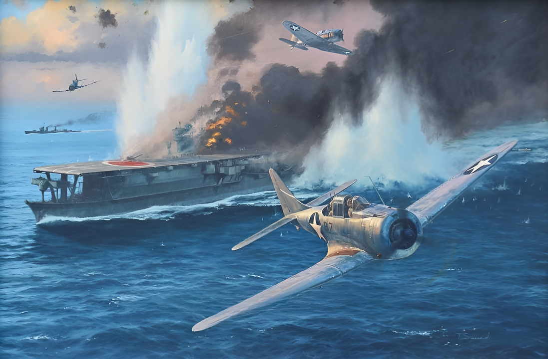 Trong khi các máy bay Zero đang ở độ cao thấp đối phó với những chiếc Devastator của Massey và các máy bay Wildcat của Thach, Leslie tiếp cận từ phía đông nam mà không bị phát hiện. Ông nhìn thấy hai tàu sân bay ở gần nhau và có thể là một chiếc thứ ba ở xa hơn. Vẫn giữ ấn tượng rằng phi đội VS-5 của Trung úy Wallace Short đang có mặt trong nhiệm vụ và ở trong khu vực, vào lúc 10 giờ 15 phút, ông gọi radio cho Short: "Anh tấn công chiếc bên trái còn tôi tấn công chiếc bên phải nhé? Tôi sẽ bắt đầu tấn công." Sau khi không nghe thấy hồi âm từ Short, ông chuẩn bị tấn công chiếc tàu sân bay ở cực bắc của Nhật, hy vọng phối hợp với VT-3. Mục tiêu của ông là tàu sân bay Soryu. Leslie dẫn phi đội của mình về phía bắc để chiếm một vị trí ngược gió. Ông liên lạc được bằng radio với Massey lúc 10 giờ 20 phút để phối hợp cuộc tấn công. Ngay sau đó, ông nghe thấy Massey đang cố gắng nhận sự hỗ trợ từ Thach khi bị các máy bay Zero tấn công dữ dội. Vào thời điểm này, Leslie quyết định từ bỏ nỗ lực đạt được một cuộc tấn công phối hợp và bắt đầu tấn công Soryu. Ông đã đặt phi đoàn đội mình vào một vị trí đáng thèm muốn nhất. Không có sự xuất hiện của bất kỳ chiếc Zero nào, và mục tiêu dường như hoàn toàn không hay biết về sự tiếp cận của ông. Việc tiếp cận ngược gió hỗ trợ độ chính xác, và khi Soryu đổi hướng sang phía đông, con tàu đã phơi dọc thân tàu ra trước các máy bay, đúng như giấc mơ của một phi công máy bay ném bom bổ nhào. Lúc 10 giờ 24 phút, một lính canh trên Soryu phát hiện ra những chiếc Dauntless. Cũng như trên Kaga, tất cả giờ đây đã quá muộn. Mặc dù các khẩu pháo 25mm có thể đã khai hỏa trước khi máy bay Mỹ bắt đầu bổ nhào, thì không có hy vọng bảo vệ con tàu khỏi những phi công thông thạo kỹ thuật ném bom bổ nhào. Leslie chia phi đội của mình thành 3 phân đội để thách thức hệ thống phòng thủ của tàu sân bay. Chiến thuật này có hiệu quả, vì hai trong số các phân đội thậm chí không bị phát hiện trước khi tấn công. Sau sự cố với công tắc kích nổ điện, chỉ còn 13 trong số 17 chiếc Dauntless của phi đội Leslie vẫn mang vũ khí. Mặc dù máy bay của ông không có bom, Leslie là người đầu tiên bổ nhào lúc 10 giờ 25 phút. Chiếc Dauntless tiếp theo được lái bởi phi đội trưởng của ông, người đã khéo léo thả quả bom 1.000 pound của mình gần thang nâng phía trước của Soryu. Nó phát nổ trên boong chứa máy bay với hiệu quả tàn phá khủng khiếp. Một quả bom khác đánh trúng giữa con tàu và làm tăng thêm sự hủy diệt trên các boong chứa máy bay. Quả bom thứ ba trúng phía đuôi và xuyên xuống boong chứa máy bay dưới; các mảnh bom đi vào các ống khói nồi hơi và tràn hơi nước vào các phòng nồi hơi. Leslie đếm được năm phát trúng và ba phát suýt trúng, nhưng phía Nhật chỉ xác nhận ba phát trúng như mô tả ở trên. Ba phát trúng này được phân bố đều, khiến việc thủy thủ đoàn không thể kiềm chế được các đám cháy đã ngay lập tức biến thành một biển lửa. Tình trạng của Soryu đã trở nên nghiêm trọng đến mức những chiếc máy bay ném bom bổ nhào cuối cùng của Leslie đã bỏ qua con tàu để tấn công các tàu hộ tống. Hai chiếc máy bay tuyên bố đã trúng một thiết giáp hạm, và hai chiếc máy bay khác tấn công thứ mà họ nghĩ là một tàu tuần dương hạng nhẹ (thực ra là tàu khu trục Isokaze) và cũng tuyên bố trúng mục tiêu. VB-3 đã hoàn thành xuất sắc nhiệm vụ. Trong số 13 máy bay mang bom, 9 chiếc tấn công Soryu và đạt được 3 phát trúng. Không chiếc nào trong số bốn máy bay tấn công tàu hộ tống ghi được phát trúng trực tiếp. (Tranh của Anthony Saunder)