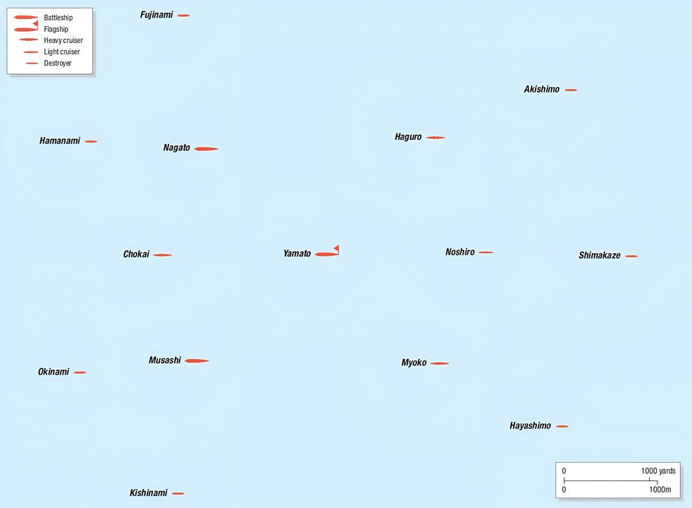 Lực lượng Tấn công Nghi binh Thứ Nhất triển khai đội hình hành quân phòng không vào lúc 10 giờ 30 phút, chia thành hai vòng đồng tâm; Yamato bố trí ở giữa với nhiệm vụ là soái hạm của hạm đội; Musashi được bố trí ở phía mạn phải của hạm đội.
