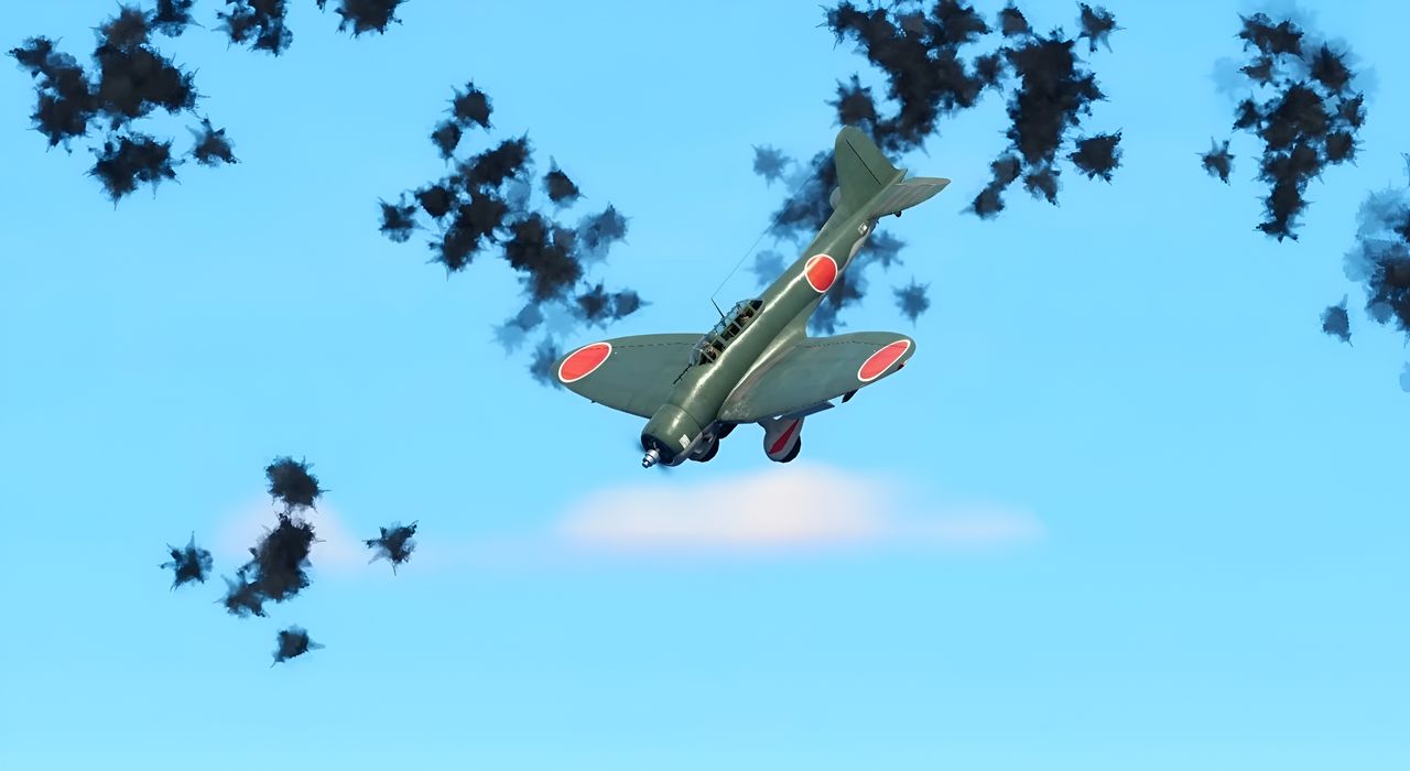 Nhóm máy bay ném bom đầu tiên bắt đầu bổ nhào lúc 09 giờ 10 phút, xuất hiện ở độ cao 5.000 feet phía đuôi của Hornet xuyên qua một đám mây. Chiếc đầu tiên thả bom nhưng trượt sang mạn phải. Chiếc thứ hai thả một quả bom bán xuyên giáp nặng 550 pound xuống chính giữa sàn đáp, ngang vị trí đảo tàu, và quả bom xuyên qua ba boong tàu. Chiếc thứ ba bị hỏa lực phòng không bắn rơi trước khi kịp thả bom, rơi xuống nước cách mũi Hornet 30 ft về phía mạn phải. Chiếc tiếp theo thực hiện một đòn tấn công thành công bằng một quả bom nổ mạnh, đánh trúng sàn đáp phía đuôi chỉ cách mép phải 20 ft. Vụ nổ tạo ra một lỗ thủng rộng 11 feet trên sàn đáp và gây thương vong nặng cho các khẩu đội pháo gần đó. Chiếc máy bay này bị trúng đạn 20mm và rơi, nhưng trước khi rơi, pháo thủ phía sau đã nhảy dù thoát ra. Người này sống sót và một cách đáng kinh ngạc đã được một tàu khu trục Nhật vớt vào ngày hôm sau. Chiếc thứ năm vòng lại phía trước để tấn công Hornet từ mũi trái. Nó cũng ghi một cú trúng đích bằng bom bán xuyên giáp đánh gần vị trí cú trúng đích thứ hai và xuyên qua bốn boong, gây tổn thất nhân mạng nặng nề. Chiếc kế tiếp cũng vòng lại để tấn công từ mũi nhưng trượt. Chiếc thứ bảy và cuối cùng đã bị Wildcats bắn thương nặng và không bao giờ đến được Hornet. Bom của nó rơi xuống phía sau đuôi tàu, ngay sau đó là bản thân chiếc máy bay đâm xuống. Xét trên mọi phương diện, kết quả của đợt ném bom bổ nhào đầu tiên là rất đáng kể. Trong 7 máy bay tham gia tấn công, 3 chiếc đánh bom trúng mục tiêu và 4 chiếc sống sót. (Ảnh từ Task Force Admiral)