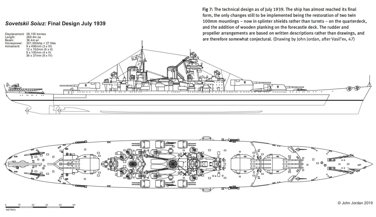 Hình 7: Thiết kế kỹ thuật tính đến tháng 7 năm 1939. Con tàu gần như đã đạt đến hình dạng cuối cùng của nó, những thay đổi duy nhất còn cần thực hiện là việc khôi phục hai bệ pháo nòng đôi 100mm – hiện được đặt trong các tấm chắn mảnh đạn thay vì trong các tháp pháo – trên boong sau, và bổ sung lớp sàn lát gỗ trên boong trước. Bố trí bánh lái và chân vịt được xây dựng dựa trên các mô tả bằng văn bản hơn là bản vẽ kỹ thuật, do đó mang tính suy đoán ở một mức độ nhất định. (Bản vẽ của John Jordan, theo Vasil’ev, tr. 47)