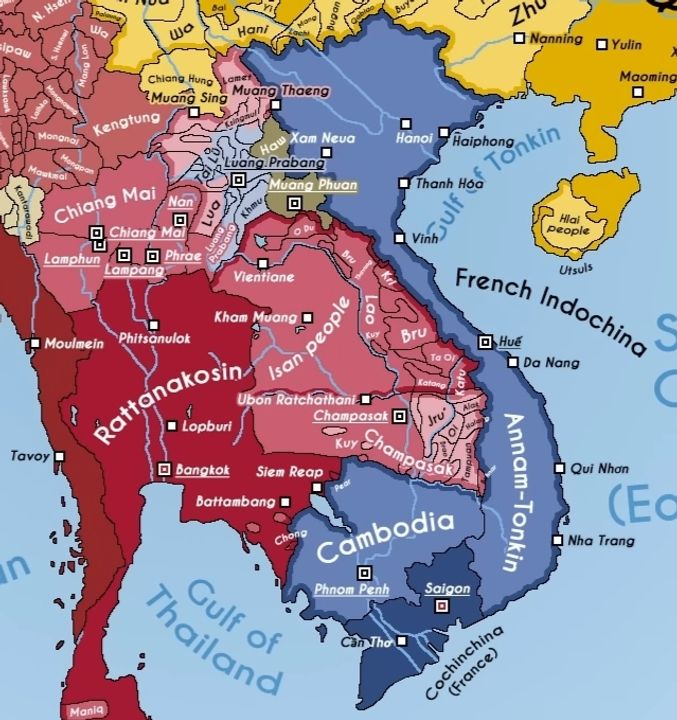 Bản đồ về Xiêm (màu đỏ) và Đông Dương thuộc Pháp (màu xanh dương) cùng các vùng ảnh hưởng của mình năm 1887. (Nguồn: The Dragon Historian) 