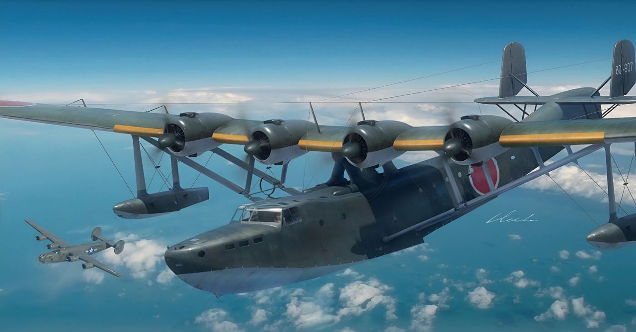 Khi VB-104 đến Guadalcanal vào giữa tháng 8 năm 1943, Không lực Hải quân Đế quốc Nhật Bản (IJNAF) đã rút loại H6K khỏi các hoạt động tuần tra tiền tuyến sau khi kiểu máy bay này tỏ ra dễ bị tổn thương trước các tiêm kích Đồng minh. Tầm bay xa của “Mavis” khiến nó trở thành một phương tiện vận tải đường dài hữu hiệu để chở nhân sự và tiếp tế đến các căn cứ xa xôi của Nhật trong đế chế vừa mới mở rộng mạnh mẽ. Phiên bản vận tải, được định danh H6K4-L, đã tháo bỏ toàn bộ vũ khí, lắp đặt khoang hành khách có sức chứa tối đa 18 người, cùng các khoang hàng ở mũi và đuôi. Tuy nhiên, chiếc máy bay vận tải không có khả năng phòng thủ này lại là con mồi dễ dàng cho PB4Y-1, vốn được trang bị hỏa lực mạnh và có ưu thế đáng kể về tốc độ. Không có các tháp pháo, H6K4-L rất khó phát hiện kịp thời máy bay tuần tra Mỹ, và một khi bị tấn công, phi công của “Mavis” hầu như không có cách nào thoát được. Do không có thùng nhiên liệu tự hàn kín, H6K4-L gần như chắc chắn bốc cháy khi động cơ và cánh bị trúng đạn trong lúc bị tấn công, định đoạt số phận chiếc thuyền bay. (Tranh của Gareth Hector)