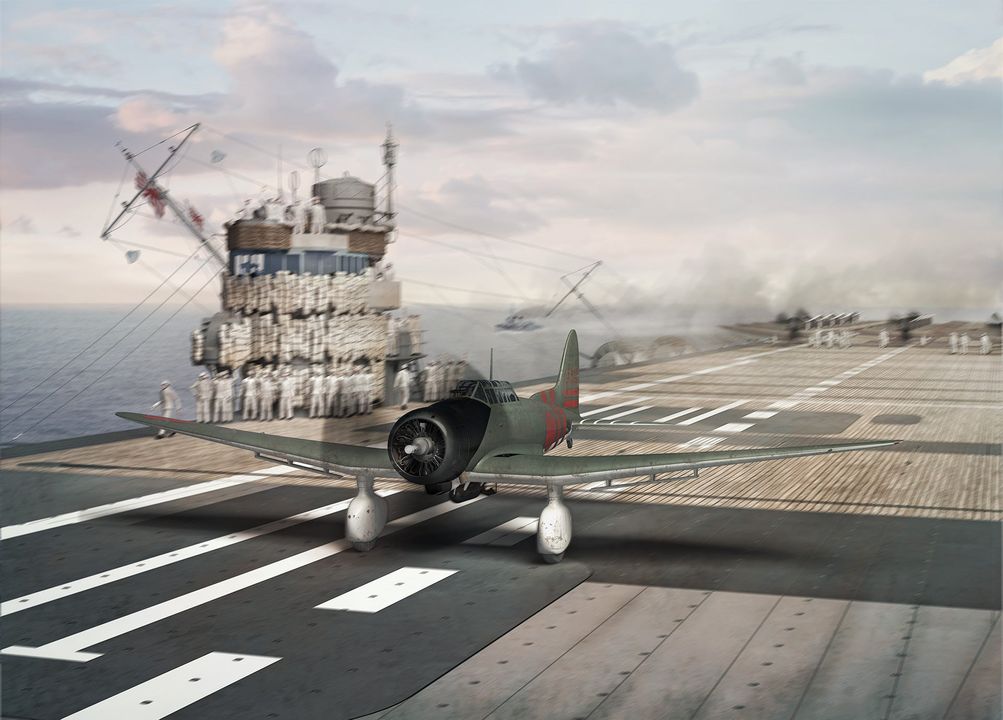 Lúc 04 giờ 26 phút vào ngày 4 tháng 6, đợt tấn công lớn vào Midway của Kido Butai số 1 chính thức bắt đầu cất cánh. Tổng cộng 108 máy bay được huy động, chia đều thành ba thành phần: 36 tiêm kích Zero, 36 máy bay ném bom bổ nhào Aichi D3A “Val”, 36 máy bay ném bom-ngư lôi Nakajima B5N “Kate” (lần này dùng làm máy bay ném bom ngang). Mỗi tàu sân bay đóng góp chín tiêm kích, trong đó Akagi và Kaga (như trong bức tranh đang mô tả một chiếc máy bay Type 99 mang mã hiệu ở đuôi AII đang chuẩn bị cất cánh trên sàn bay) mỗi tàu góp 18 máy bay ném bom bổ nhào. Máy bay ném bom bổ nhào của Akagi được phân công đánh các mục tiêu trên Đảo Eastern với mục tiêu chính là sân bay, còn máy bay ném bom bổ nhào của Kaga được phân bổ đánh các mục tiêu trên Đảo Sand. Mỗi chiếc Val mang một quả bom phá đất Type 98 No. 25 nặng 532 pound. Các chiếc Kate đến từ Sư đoàn Hàng không 2. Phi đội của Hiryū được lệnh đánh Đảo Sand, còn phần lớn phi đội của Sōryū đánh Đảo Eastern. Trong vai trò ném bom ngang, các chiếc Kate mang bom phá mặt đất Type 80 nặng 1.760 pound. Dẫn trước các máy bay ném bom là 36 tiêm kích. Nhiệm vụ chính của chúng là giành quyền kiểm soát không phận trên quần đảo. Khi đã hoàn thành việc này, chúng sẽ hạ thấp độ cao để thực hiện các cuộc tấn công xả súng. Các máy bay ném bom sẽ vòng qua để tiếp cận Midway từ phía đông, do đó đặt mặt trời vào mắt lực lượng phòng thủ. Lần đầu tiên trong chiến tranh, Kido Butai được kỳ vọng sẽ vô hiệu hóa một mục tiêu được phòng thủ mạnh để chuẩn bị cho cuộc đổ bộ. Đối với một mục tiêu như Midway, 72 quả bom mà các máy bay ném bom bổ nhào và ném bom ngang mang theo rõ ràng là không đủ để gây ra một đòn dứt điểm. Với chỉ bốn tàu sân bay, thật đáng nghi ngờ liệu lực lượng của Nagumo có thể tiến hành một chiến dịch kéo dài để vô hiệu hóa Midway được phòng thủ mạnh và sau đó vẫn ở trong tình trạng sẵn sàng chiến đấu một trận hải chiến lớn hay không. (Tranh của Stefan Draminski)