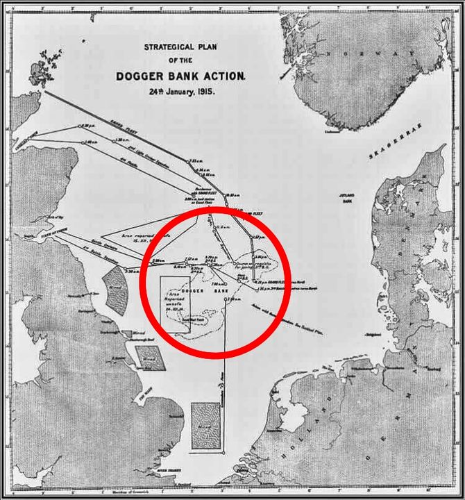 Bản đồ về nơi diễn ra trận đánh ở Dogger Bank (vòng màu đỏ)