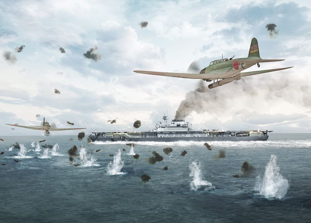 Năm chiếc Kate thuộc nhóm thứ hai, dưới quyền của Trung úy Hashimoto Toshio, đã tấn công từ mũi trái của Yorktown sau khi xuyên qua đội hình trong một khoảng trống giữa tàu tuần dương Portland và tàu khu trục Balch. Buckmaster cho tàu của mình rẽ sang mạn phải để hướng đuôi tàu về phía những kẻ tấn công, nhưng với khả năng chỉ đạt 19 hải lý/giờ của Yorktown, khả năng cơ động của Buckmaster bị hạn chế. Một số ít máy bay Wildcat đã thực hiện một nỗ lực tuyệt vọng để chặn đứng năm máy bay ném ngư lôi cuối cùng đang lao về phía Yorktown ở độ cao 150 feet. Chiếc đầu tiên tấn công là chiếc máy bay tiêm kích thứ năm vừa được phóng từ Yorktown. Đòn tấn công của nó bị hai chiếc Zero hỗ trợ tầm gần chặn lại. Khi các máy bay tiêm kích đang khóa nhau trong chiến đấu, Hashimoto đưa nhóm của mình vào một dải mây và tiến gần hơn đến mục tiêu. Ba chiếc Wildcat nữa có cơ hội thực hiện các đợt bắn vào nhóm của Hashimoto, giờ đã ở bên trong màn hình bảo vệ và trên bờ vực phóng ngư lôi. Hỏa lực của họ không hiệu quả vì cả năm chiếc Kate vẫn tiếp tục. Hashimoto đã kiên trì tấn công đến trong khoảng 600 yard và nhắm vào giữa tàu sân bay. Ba chiếc Kate khác đã có thể lặp lại thành tích của Hashimoto. Chiếc Kate cuối cùng, vốn tị nạn từ Akagi, bị trục trặc hệ thống thả ngư lôi và không thể thả vũ khí. Khi bay về phía đông nam, Hashimoto ngoái lại nhìn xem ông hay đồng đội của mình có thành công hay không. Ông có thể thấy hai quả ngư lôi trúng tàu sân bay và đã gửi tin về Hiryu lúc 14 giờ 45 phút về thành công này. Cả hai quả ngư lôi đều trúng Yorktown ở mạn trái của con tàu. Hậu quả xảy ra ngay lập tức và tàn khốc. Quả đầu tiên làm tê liệt ba phòng nồi hơi và tạo ra độ nghiêng sáu độ. Khoảng 30 giây sau, quả ngư lôi thứ hai trúng ngay phía trước quả đầu tiên. Thiệt hại làm ngập phòng máy phát điện phía trước và cắt điện toàn bộ con tàu. Một đoản mạch cũng khiến máy phát điện khẩn cấp của con tàu không thể hoạt động. Yorktown giờ đây đã được định đoạt số phận. (Tranh của Stefan Draminski)