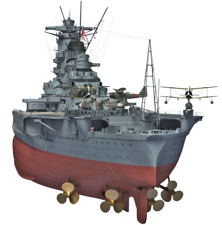 Hình ảnh này mô tả phần phía sau của Yamato vào tháng 12 năm 1941. Các kho chứa xuồng, được lắp đặt ở hai bên thân tàu phía sau, được trang bị một cần cẩu dầm đơn để hạ xuồng trực tiếp xuống nước và mang lại cho thân tàu vẻ ngoài hiện đại và khác thường vào thời điểm đó. Boong máy bay, bắt đầu từ khung 177 về phía đuôi tàu, được phủ bằng tấm thép một phần có hoa văn và được gia cố bằng bê tông (bên dưới tấm thép).