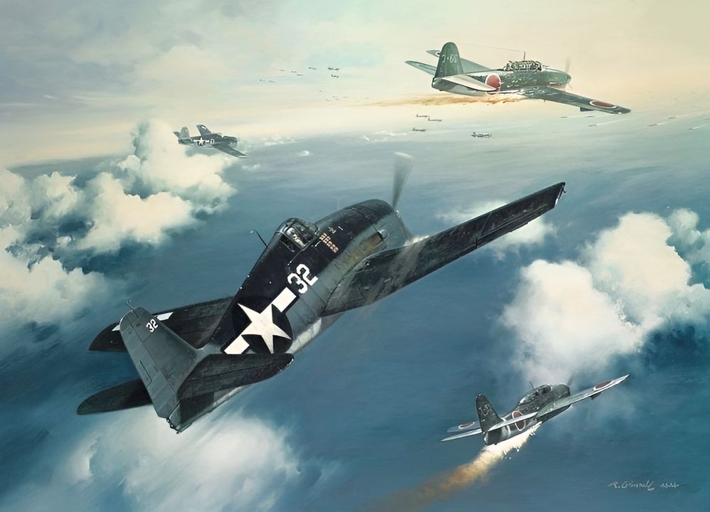 Đợt không kích lần II - một cuộc không kích thực sự lớn bao gồm 53 máy bay ném bom Judy, 27 máy bay ném ngư lôi Jill và 48 máy bay chiến đấu Zeke, đã được phóng đi từ Hải đội Tàu sân bay 1 của Ozawa bắt đầu lúc 08 giờ 56 phút. Tám máy bay khác gặp sự cố động cơ ngay sau đó và phải quay lại. 119 máy bay còn lại, trên đường đi, đã mắc sai lầm khi bay qua đội hình tiên phong của Đô đốc Kurita, những xạ thủ phòng không "nhạy cò" của ông đã bắn vài loạt đạn và bắn rơi thành công hai chiếc, làm hư hỏng thêm 8 chiếc khác, buộc chúng phải quay lại. Phần còn lại bay thành một nhóm. Chúng bị radar của TF 58 phát hiện lúc 11 giờ 07 phút, cách xa 115 dặm. Nhóm này được ghi nhận có khoảng 50 chiếc theo màn hình radar, nhưng trên thực tế là gấp đôi con số đó - đã bị một "ban tiếp tân" gồm những chiếc Hellcat được điều động khẩn cấp từ tàu Lexington đón lõng cách đó 60 dặm, và chúng đã thực sự gây ra một trận không chiến hỗn loạn. Những chiếc Hellcat từ các tàu sân bay khác cũng làm tốt tương tự; tổng số máy bay Nhật Bản "không trở về tàu sân bay" là 32 máy bay tiêm kích Zeke, 23 máy bay ném ngư lôi Jill và 42 máy bay ném bom bổ nhào Judy. Khoảng 70 chiếc trong số này bị bắn hạ trong đợt đánh chặn này. Các phi công bay về nhà báo cáo một vệt dầu loang rộng 12 dặm rải rác các mảnh vỡ và mảnh vụn đang cháy. Trong số 128 máy bay được phóng lên trong cuộc tấn công thứ hai này, 97 chiếc đã không bao giờ quay trở lại. Trong minh hoạ ở đây, chiếc máy bay Hellcat số hiệu 32, thuộc Phi đội VF-16 từ Lexington đang được điều khiển bởi Alexander Vraciu - một phi công át chủ bài hàng đầu của Hải quân Mỹ, đang tiêu diệt những máy bay ném bom bổ nhào Judy. (Tranh của Roy Grinnell)