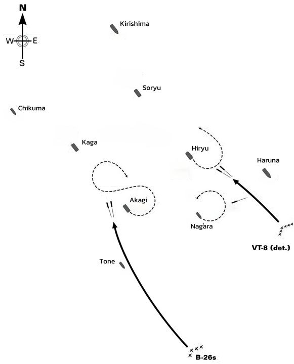 Các đợt tấn công của các máy bay B-26 mang ngư lôi và các máy bay TBF từ VT-8 vào Kido Butai vào lúc 07 giờ 10 phút.