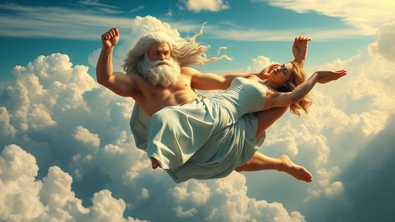 "Vị thần quyền lực nhất đỉnh Olympus mang theo một tiên nữ bất tỉnh, bay ngang qua.”