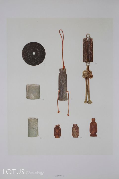 Những viên ngọc được chạm khắc từ tác phẩm Yuchikusaizo-Kogyokufu của Kosaku Hamada năm 1936 有竹斎蔵古玉譜 [Yuchikusaizo-Kogyokufu, hay Những viên ngọc Trung Quốc sơ khai trong Bộ sưu tập của Riichi Uyeno quá cố] .